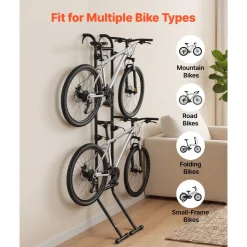 VEVOR Bike Stand for 2 Bikes, Freestanding Vertical Bike Storage Rack, with Height-Adjustable Hooks, Heavy-Duty Carbon Steel Standing Bicycle Floor Stand, Ideal for Garage, Apartment, Home, Black