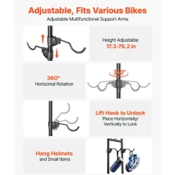 VEVOR Bike Stand for 2 Bikes, Freestanding Vertical Bike Storage Rack, with Height-Adjustable Hooks, Heavy-Duty Carbon Steel Standing Bicycle Floor Stand, Ideal for Garage, Apartment, Home, Black