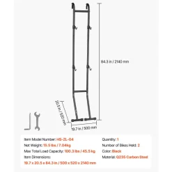 VEVOR Bike Stand for 2 Bikes, Freestanding Vertical Bike Storage Rack, with Height-Adjustable Hooks, Heavy-Duty Carbon Steel Standing Bicycle Floor Stand, Ideal for Garage, Apartment, Home, Black