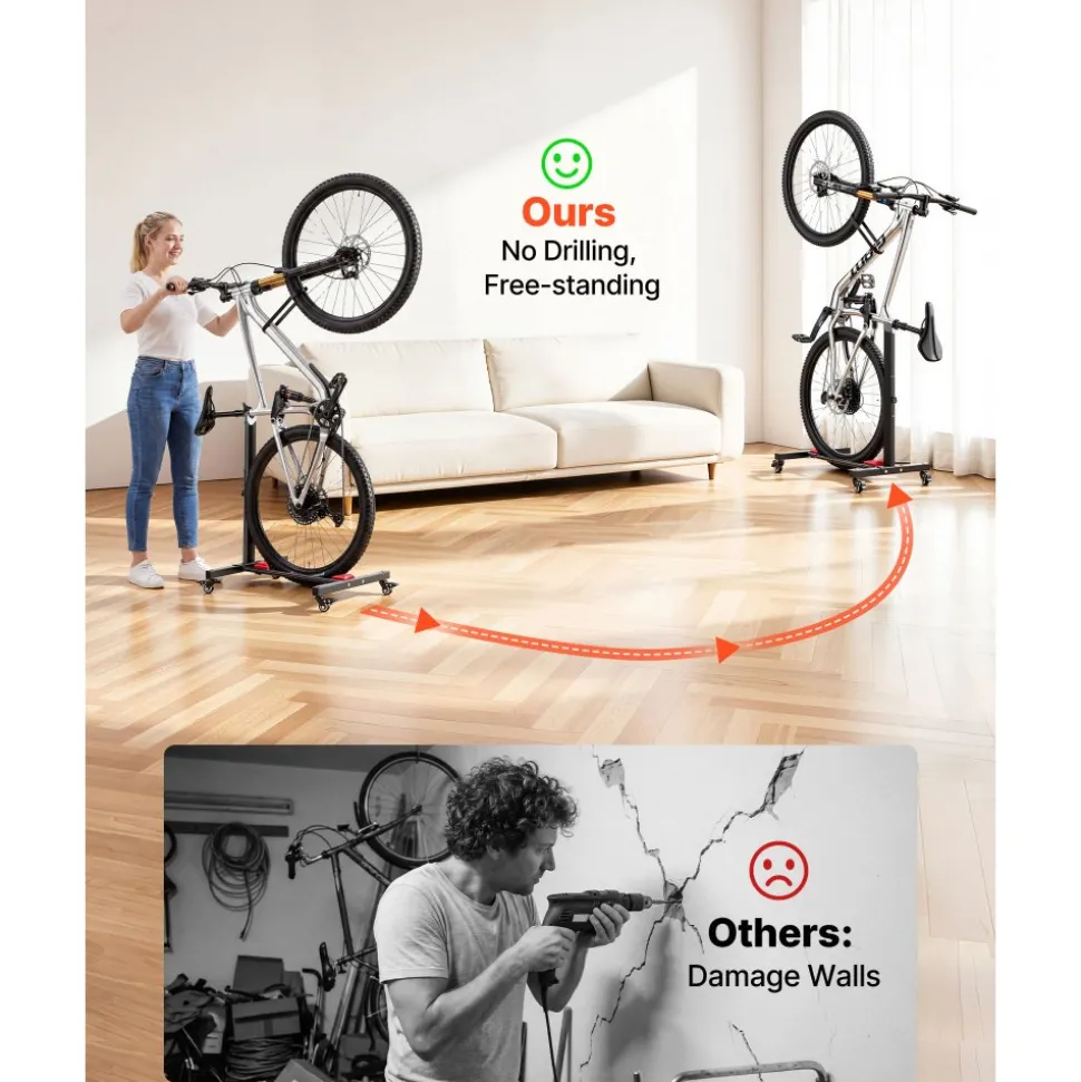 VEVOR Bike Stand 2 Pack, Freestanding Vertical & Horizontal Bike Storage Rack, with Lockable Casters, Height Adjustable Carbon Steel Upright Garage Bicycle Floor Stand, for 20-29 in Wheels, Black