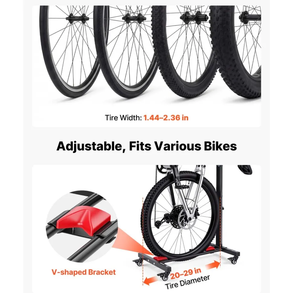 VEVOR Bike Stand 2 Pack, Freestanding Vertical & Horizontal Bike Storage Rack, with Lockable Casters, Height Adjustable Carbon Steel Upright Garage Bicycle Floor Stand, for 20-29 in Wheels, Black