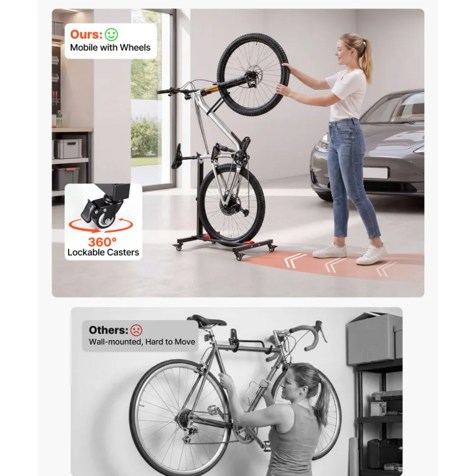 VEVOR Bike Stand 2 Pack, Freestanding Vertical & Horizontal Bike Storage Rack, with Lockable Casters, Height Adjustable Carbon Steel Upright Garage Bicycle Floor Stand, for 20-29 in Wheels, Black