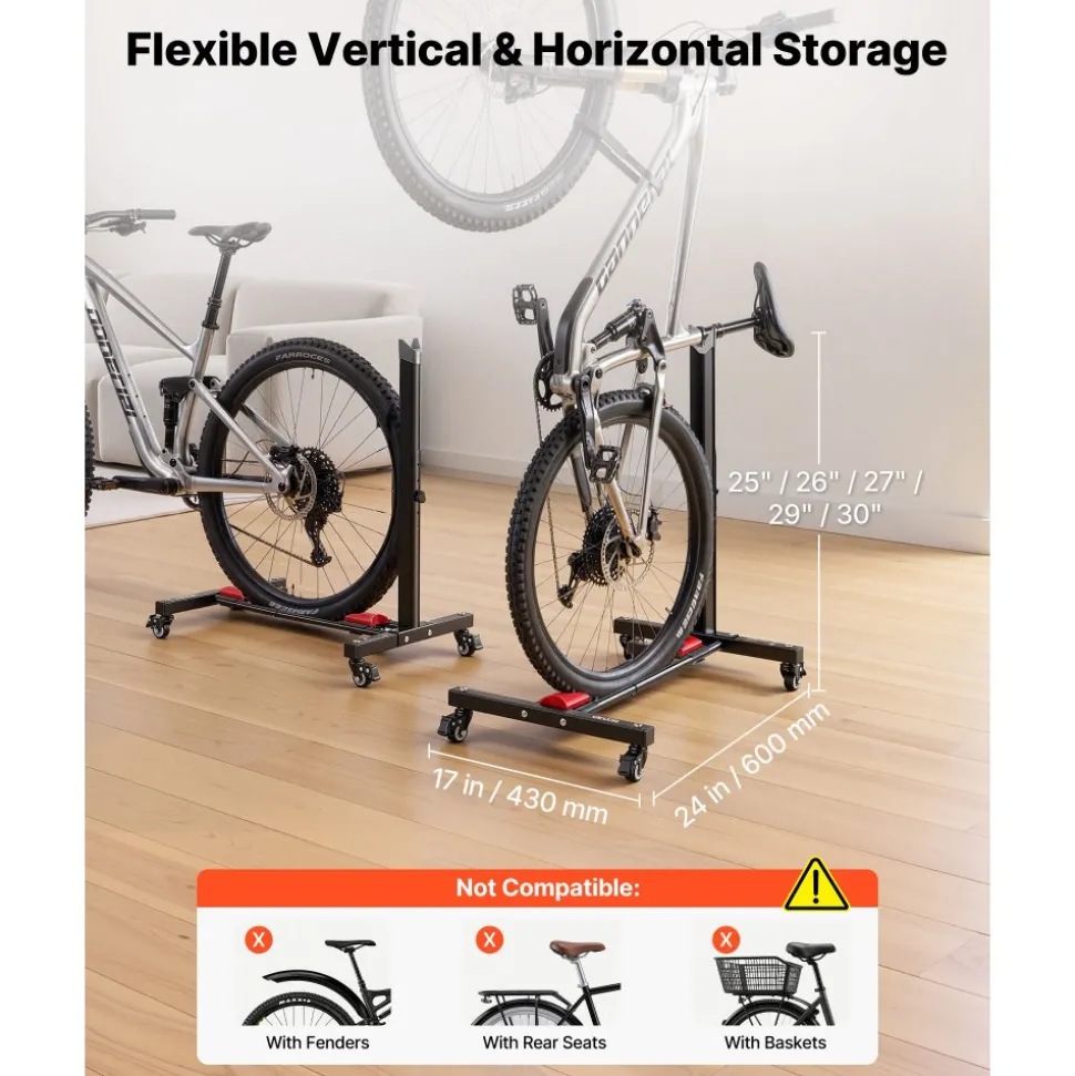 VEVOR Bike Stand 2 Pack, Freestanding Vertical & Horizontal Bike Storage Rack, with Lockable Casters, Height Adjustable Carbon Steel Upright Garage Bicycle Floor Stand, for 20-29 in Wheels, Black