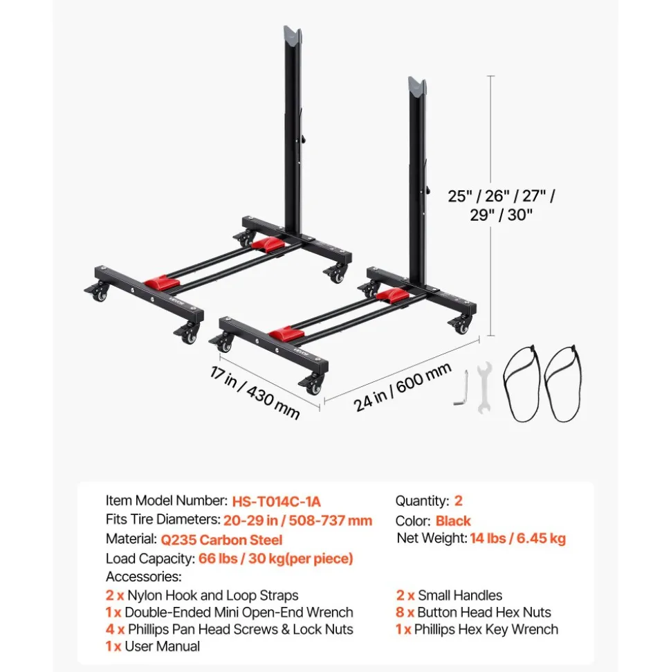 VEVOR Bike Stand 2 Pack, Freestanding Vertical & Horizontal Bike Storage Rack, with Lockable Casters, Height Adjustable Carbon Steel Upright Garage Bicycle Floor Stand, for 20-29 in Wheels, Black