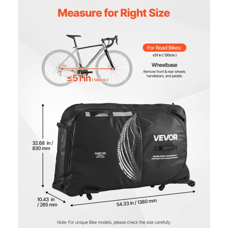 VEVOR Bike Travel Bag, Transport Universal Bicycle Storage Case Bag with TSA Lock, Support Plates, Protection and Fork Mount Stabilisation, Bicycle Case Max. Wheelbase 51 in for Airplane, Outdoor Use