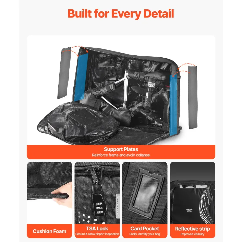 VEVOR Bike Travel Bag, Transport Universal Bicycle Storage Case Bag with TSA Lock, Support Plates, Protection and Fork Mount Stabilisation, Bicycle Case Max. Wheelbase 51 in for Airplane, Outdoor Use