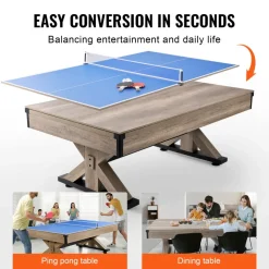 VEVOR Billiards Table Combo Set, 7ft 3-in-1 Multi Game Table with Dining, Pool, and Tennis Table, Includes Full Set of Accessories, Wood Color with Grey Cloth, Perfect for Family Game Room Kids Adults