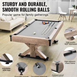 VEVOR Billiards Table Combo Set, 7ft 3-in-1 Multi Game Table with Dining, Pool, and Tennis Table, Includes Full Set of Accessories, Wood Color with Grey Cloth, Perfect for Family Game Room Kids Adults