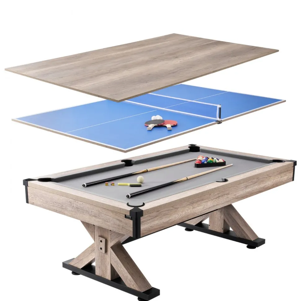 VEVOR Billiards Table Combo Set, 7ft 3-in-1 Multi Game Table with Dining, Pool, and Tennis Table, Includes Full Set of Accessories, Wood Color with Grey Cloth, Perfect for Family Game Room Kids Adults