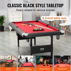 VEVOR Billiards Table, 6.3 ft Pool Table, Portable Foldable Space-Saving Table, Billiard Table Set Includes Balls, Cues, Chalks and Brush, Black with Red Cloth, Perfect for Family Game Room Kid Adult