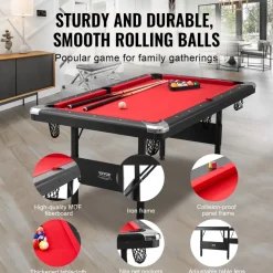 VEVOR Billiards Table, 6.3 ft Pool Table, Portable Foldable Space-Saving Table, Billiard Table Set Includes Balls, Cues, Chalks and Brush, Black with Red Cloth, Perfect for Family Game Room Kid Adult