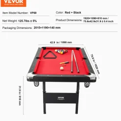 VEVOR Billiards Table, 6.3 ft Pool Table, Portable Foldable Space-Saving Table, Billiard Table Set Includes Balls, Cues, Chalks and Brush, Black with Red Cloth, Perfect for Family Game Room Kid Adult
