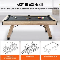 VEVOR Billiards Table, 7 ft Pool Table, Adjust Legs Stable Billiards Table, Pool Table Set Includes Balls, Cues, Chalks and Brush, Wood Color with Black Cloth, Perfect for Family Game Room Kids Adults