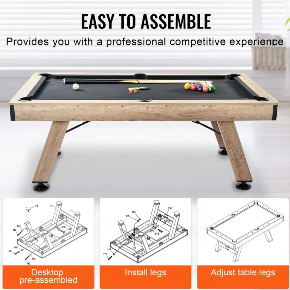 VEVOR Billiards Table, 7 ft Pool Table, Adjust Legs Stable Billiards Table, Pool Table Set Includes Balls, Cues, Chalks and Brush, Wood Color with Black Cloth, Perfect for Family Game Room Kids Adults