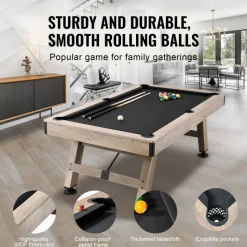 VEVOR Billiards Table, 7 ft Pool Table, Adjust Legs Stable Billiards Table, Pool Table Set Includes Balls, Cues, Chalks and Brush, Wood Color with Black Cloth, Perfect for Family Game Room Kids Adults