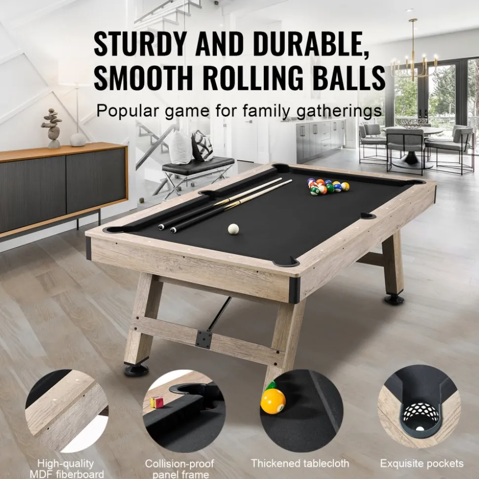 VEVOR Billiards Table, 7 ft Pool Table, Adjust Legs Stable Billiards Table, Pool Table Set Includes Balls, Cues, Chalks and Brush, Wood Color with Black Cloth, Perfect for Family Game Room Kids Adults