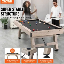 VEVOR Billiards Table, 7 ft Pool Table, Adjust Legs Stable Billiards Table, Pool Table Set Includes Balls, Cues, Chalks and Brush, Wood Color with Black Cloth, Perfect for Family Game Room Kids Adults