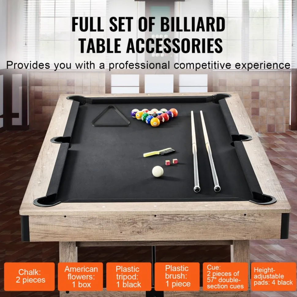 VEVOR Billiards Table, 7 ft Pool Table, Adjust Legs Stable Billiards Table, Pool Table Set Includes Balls, Cues, Chalks and Brush, Wood Color with Black Cloth, Perfect for Family Game Room Kids Adults