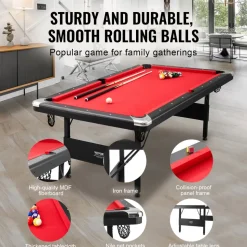 VEVOR Billiards Table, 7 ft Pool Table, Portable Foldable Space-Saving Table, Billiard Table Set Includes Balls, Cues, Chalks and Brush, Black with Red Cloth, Perfect for Family Game Room Kids Adults