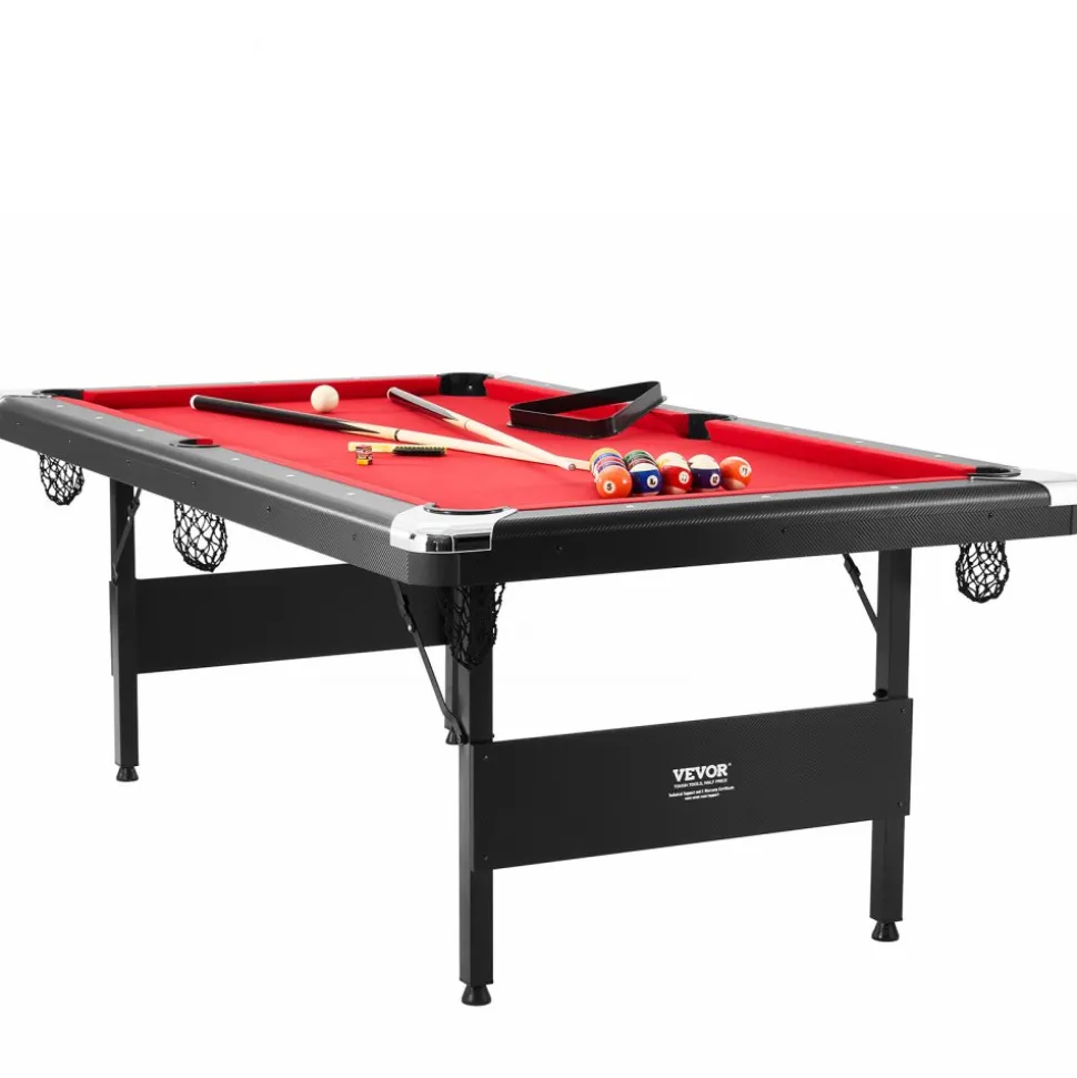 VEVOR Billiards Table, 7 ft Pool Table, Portable Foldable Space-Saving Table, Billiard Table Set Includes Balls, Cues, Chalks and Brush, Black with Red Cloth, Perfect for Family Game Room Kids Adults