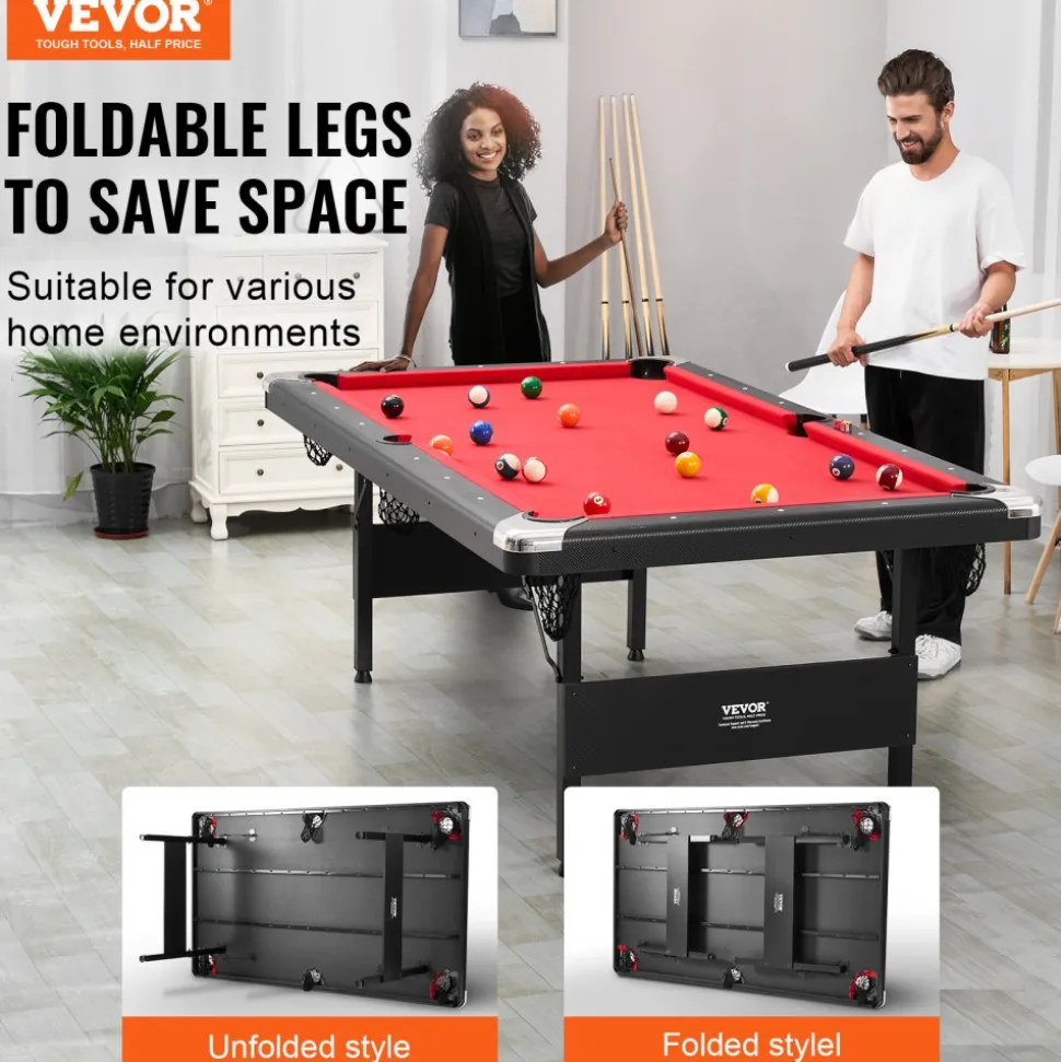 VEVOR Billiards Table, 7 ft Pool Table, Portable Foldable Space-Saving Table, Billiard Table Set Includes Balls, Cues, Chalks and Brush, Black with Red Cloth, Perfect for Family Game Room Kids Adults