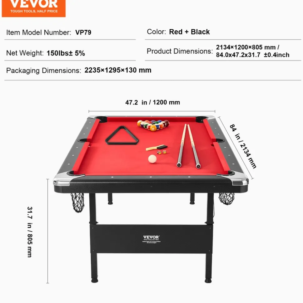 VEVOR Billiards Table, 7 ft Pool Table, Portable Foldable Space-Saving Table, Billiard Table Set Includes Balls, Cues, Chalks and Brush, Black with Red Cloth, Perfect for Family Game Room Kids Adults