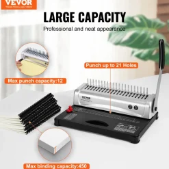 VEVOR Binding Machine, Comb Binding Machine 21-Holes Binding 450 Sheets, Book Binder Machine with 100 PCS 3/8'' Comb Binding Spines, for Letter Size, A4, A5