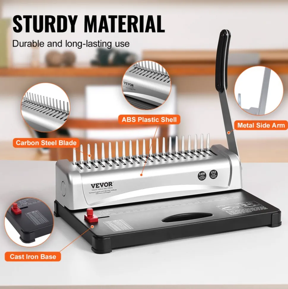 VEVOR Binding Machine, Comb Binding Machine 21-Holes Binding 450 Sheets, Book Binder Machine with 100 PCS 3/8'' Comb Binding Spines, for Letter Size, A4, A5