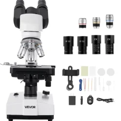 VEVOR Binocular Microscope, 40-5000X Magnification, Professional Compound Microscope for Adult with Dual Stage and Two Sets of Eyepieces, Aluminum Alloy Body, Includes LED Light and Phone Holder