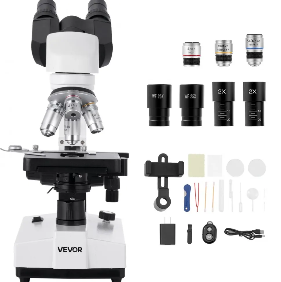VEVOR Binocular Microscope, 40-5000X Magnification, Professional Compound Microscope for Adult with Dual Stage and Two Sets of Eyepieces, Aluminum Alloy Body, Includes LED Light and Phone Holder