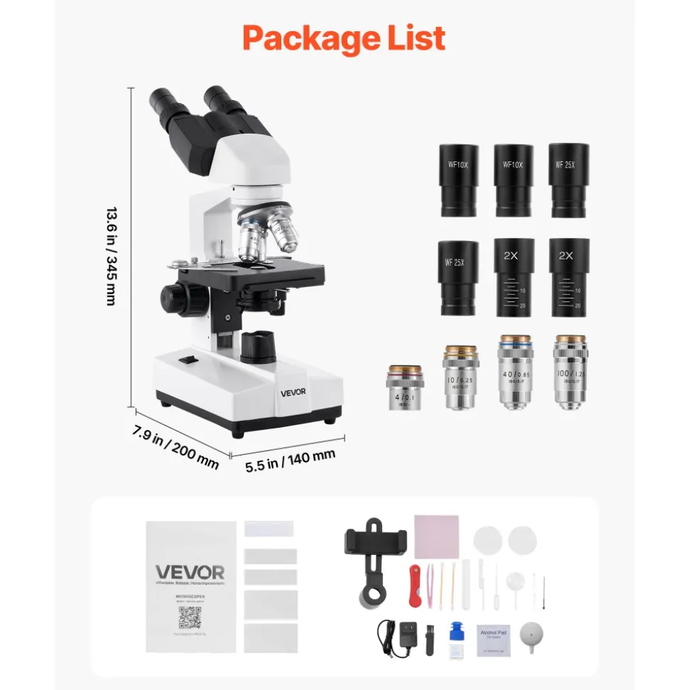 VEVOR Binocular Microscope, 40-5000X Magnification, Professional Compound Microscope for Adult with Dual Stage and Two Sets of Eyepieces, Aluminum Alloy Body, Includes LED Light and Phone Holder