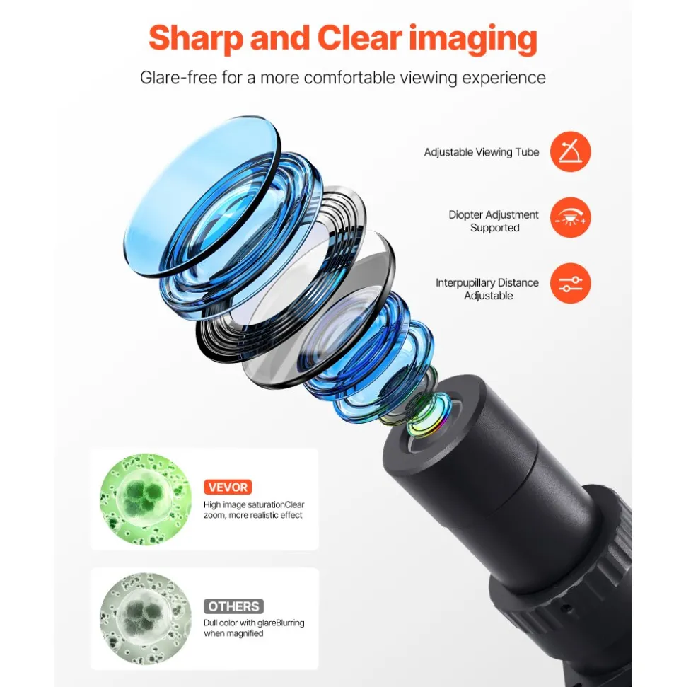 VEVOR Binocular Microscope, 40-5000X Magnification, Professional Compound Microscope for Adult with Dual Stage and Two Sets of Eyepieces, Aluminum Alloy Body, Includes LED Light and Phone Holder
