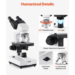VEVOR Binocular Microscope, 40-5000X Magnification, Professional Compound Microscope for Adult with Dual Stage and Two Sets of Eyepieces, Aluminum Alloy Body, Includes LED Light and Phone Holder