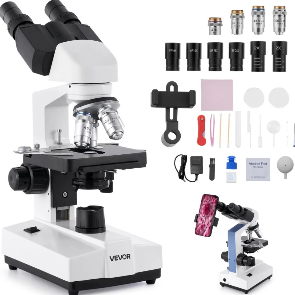 VEVOR Binocular Microscope, 40-5000X Magnification, Professional Compound Microscope for Adult with Dual Stage and Two Sets of Eyepieces, Aluminum Alloy Body, Includes LED Light and Phone Holder