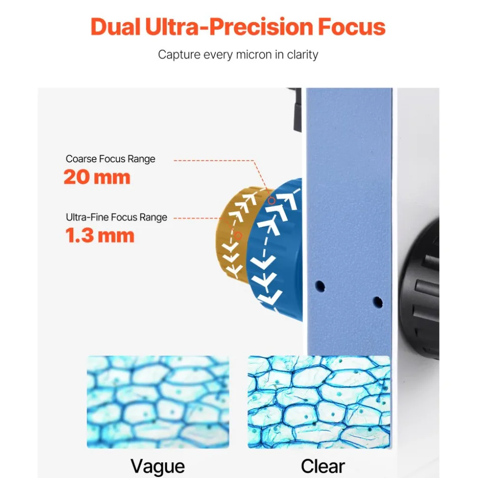 VEVOR Binocular Microscope, 40-5000X Magnification, Professional Compound Microscope for Adult with Dual Stage and Two Sets of Eyepieces, Aluminum Alloy Body, Includes LED Light and Phone Holder