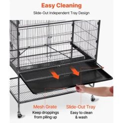 VEVOR Bird Cage, 31.5 x 20.5 x 52 inch, Flat Top, Wrought Iron Bird Flight Cage with Perches, Slide-Out Tray and Plastic Feeders, Casters, for Parrot, Blue Tit, Cockatiel, Canary, and Monk Parakeet