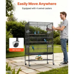VEVOR Bird Cage, 31.5 x 20.5 x 52 inch, Flat Top, Wrought Iron Bird Flight Cage with Perches, Slide-Out Tray and Plastic Feeders, Casters, for Parrot, Blue Tit, Cockatiel, Canary, and Monk Parakeet