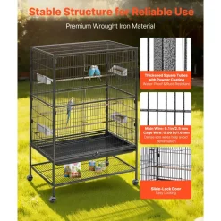 VEVOR Bird Cage, 31.5 x 20.5 x 52 inch, Flat Top, Wrought Iron Bird Flight Cage with Perches, Slide-Out Tray and Plastic Feeders, Casters, for Parrot, Blue Tit, Cockatiel, Canary, and Monk Parakeet