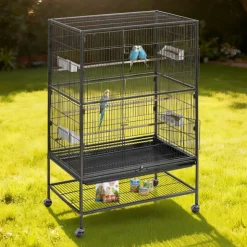 VEVOR Bird Cage, 31.5 x 20.5 x 52 inch, Flat Top, Wrought Iron Bird Flight Cage with Perches, Slide-Out Tray and Plastic Feeders, Casters, for Parrot, Blue Tit, Cockatiel, Canary, and Monk Parakeet