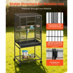 VEVOR Bird Cage, 24.6 x 16.7 x 53.9 inch, Flat Top, Wrought Iron Bird Flight Cage with Perches, Slide-Out Tray and Plastic Feeders, Casters, for Parrot, Blue Tit, Cockatiel, Canary, Budgerigar, Conure