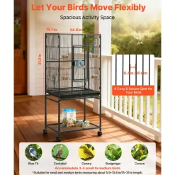 VEVOR Bird Cage, 24.6 x 16.7 x 53.9 inch, Flat Top, Wrought Iron Bird Flight Cage with Perches, Slide-Out Tray and Plastic Feeders, Casters, for Parrot, Blue Tit, Cockatiel, Canary, Budgerigar, Conure