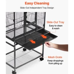 VEVOR Bird Cage, 24.6 x 16.7 x 53.9 inch, Flat Top, Wrought Iron Bird Flight Cage with Perches, Slide-Out Tray and Plastic Feeders, Casters, for Parrot, Blue Tit, Cockatiel, Canary, Budgerigar, Conure