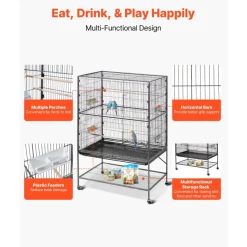VEVOR Bird Cage, 36.6 x 22.8 x 59.5 inch, Flat Top, Wrought Iron Bird Flight Cage with Perches, Slide-Out Tray and Plastic Feeders, for Blue Tit, Cockatiel, Canary, Monk Parakeet, African Grey Parrot