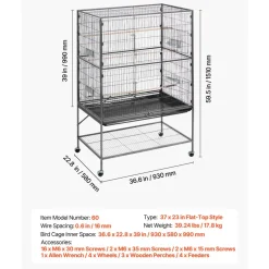 VEVOR Bird Cage, 36.6 x 22.8 x 59.5 inch, Flat Top, Wrought Iron Bird Flight Cage with Perches, Slide-Out Tray and Plastic Feeders, for Blue Tit, Cockatiel, Canary, Monk Parakeet, African Grey Parrot