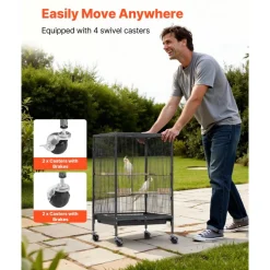 VEVOR Bird Cage, 18 x 18 x 30 inch, Open Flat Top, Wrought Iron Bird Flight Cage with Perches, Slide-Out Tray and Plastic Feeders, Casters, for Parrot, Blue Tit, Cockatiel, Canary, Budgerigar, Conure