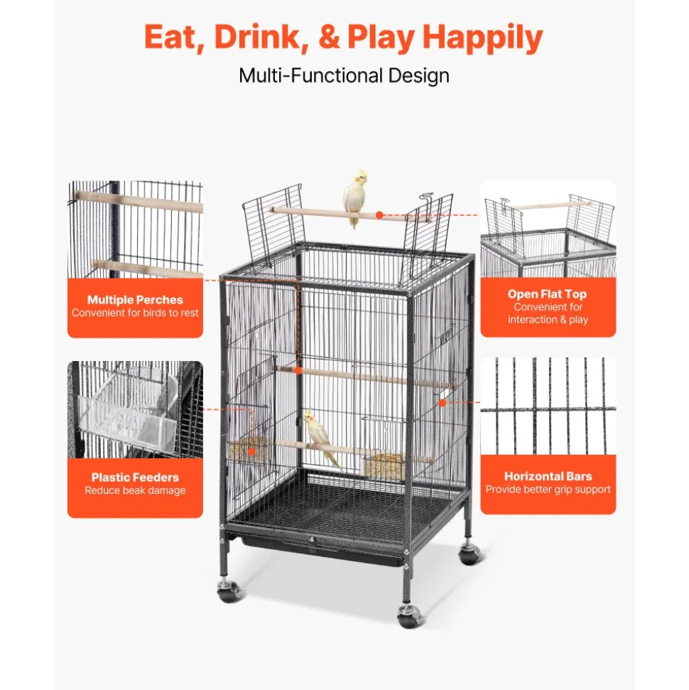 VEVOR Bird Cage, 18 x 18 x 30 inch, Open Flat Top, Wrought Iron Bird Flight Cage with Perches, Slide-Out Tray and Plastic Feeders, Casters, for Parrot, Blue Tit, Cockatiel, Canary, Budgerigar, Conure