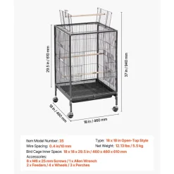 VEVOR Bird Cage, 18 x 18 x 30 inch, Open Flat Top, Wrought Iron Bird Flight Cage with Perches, Slide-Out Tray and Plastic Feeders, Casters, for Parrot, Blue Tit, Cockatiel, Canary, Budgerigar, Conure