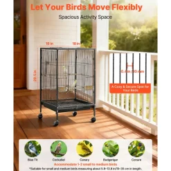VEVOR Bird Cage, 18 x 18 x 30 inch, Open Flat Top, Wrought Iron Bird Flight Cage with Perches, Slide-Out Tray and Plastic Feeders, Casters, for Parrot, Blue Tit, Cockatiel, Canary, Budgerigar, Conure