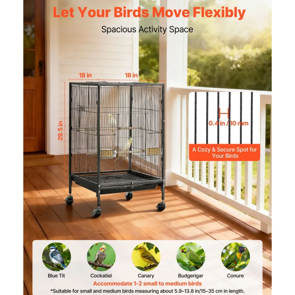 VEVOR Bird Cage, 18 x 18 x 30 inch, Open Flat Top, Wrought Iron Bird Flight Cage with Perches, Slide-Out Tray and Plastic Feeders, Casters, for Parrot, Blue Tit, Cockatiel, Canary, Budgerigar, Conure