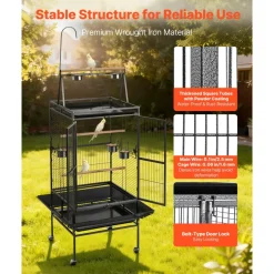 VEVOR Bird Cage, 32.7 x 31.1 x 82.7 inch, Open Flat Top, Wrought Iron Bird Flight Cage with Perches, Slide-Out Tray, Plastic Feeders, for Cockatiel, Monk Parakeet, Amazon Parrot, African Grey Parrot